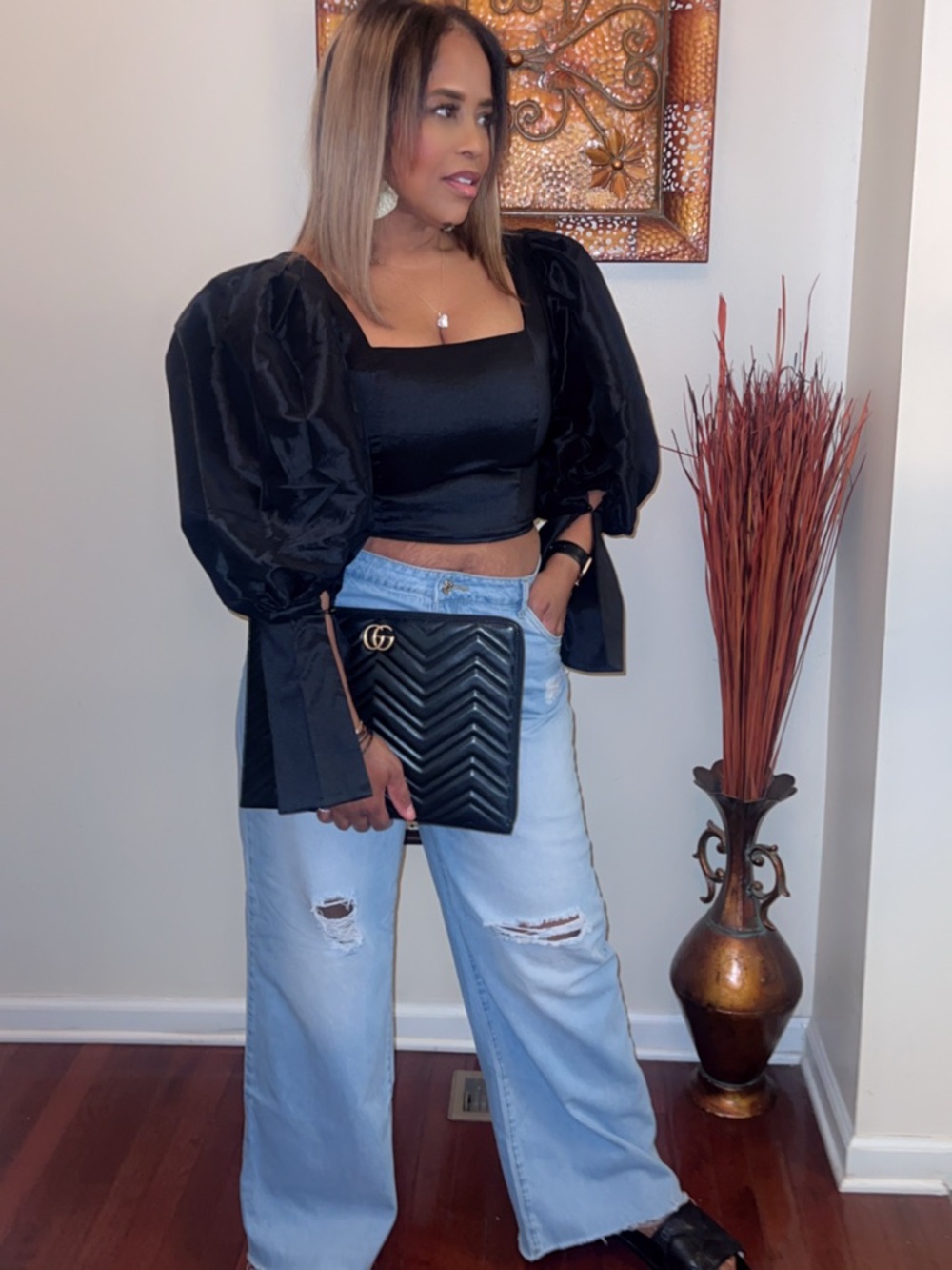 Black Puff-Sleeve Crop Top - Satin Shine